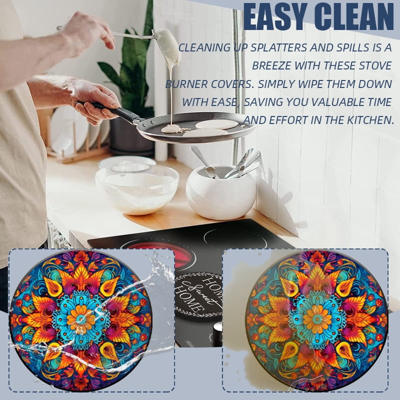 Round Burner Covers for Electric Stove, Mandala with Intricate Floral Metal Durable Burner Covers Set of 4 for Kitchen Cooktop, 8 Inches and 10 Inches