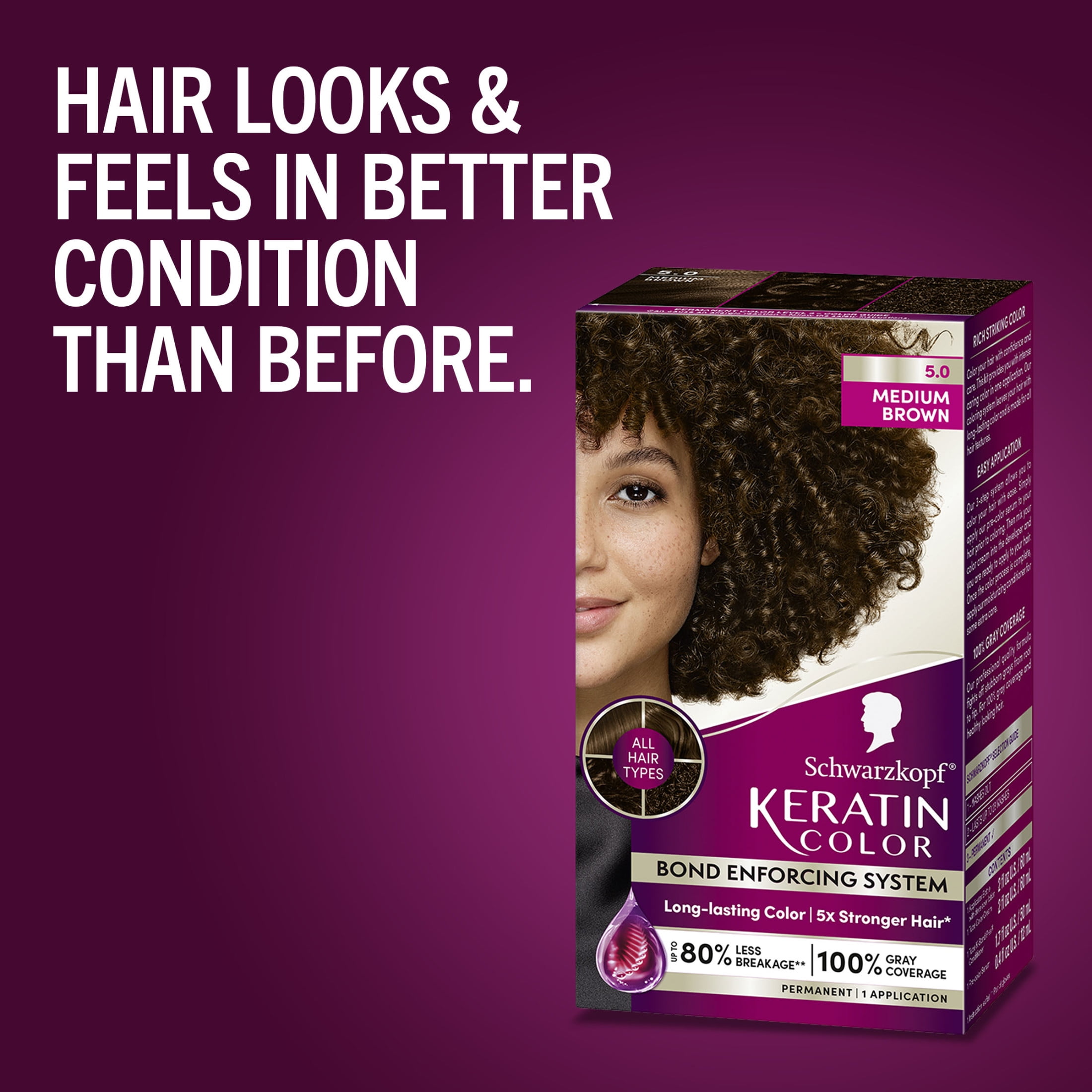 Schwarzkopf Keratin Hair Dye 5.0 Medium Brown, Permanent Hair Color, 1 Use