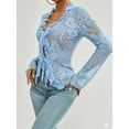 thumbnail image 5 of Lace Tops for Women Long Sleeve See Through Sheer Mesh Crop Top Shirt Open Front Tie Blouse Ruffle Blue L, 5 of 8