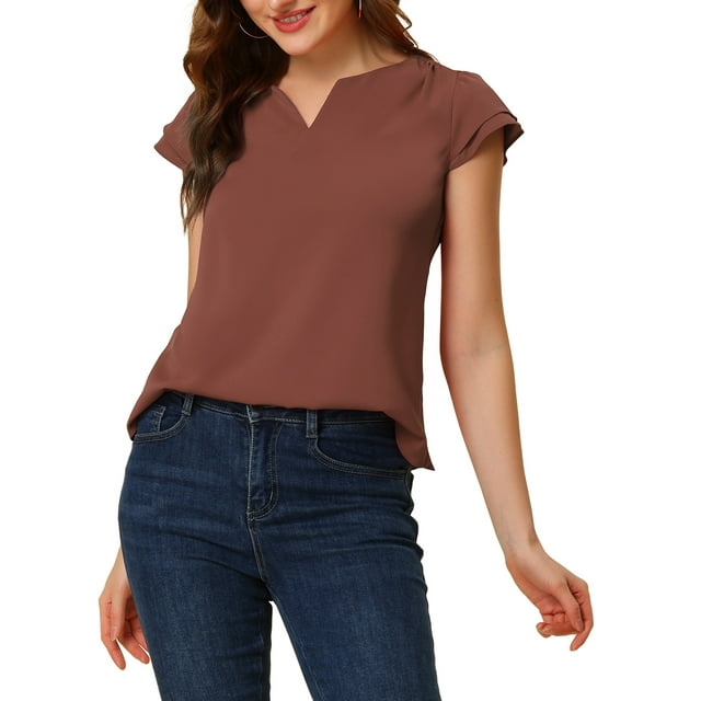 INSPIRE CHIC Women's Solid Blouse V Neck Ruffle Cap Sleeve Lightweight Work Blouse S Brown