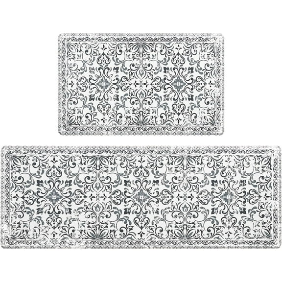 Anti Fatigue Kitchen Mats for Floor, Farmhouse Kitchen Rugs Sets of 2, Waterproof Kitchen Floor Mat Cushioned Rugs Non Slip for Sink Desk Laundry Office, Grey