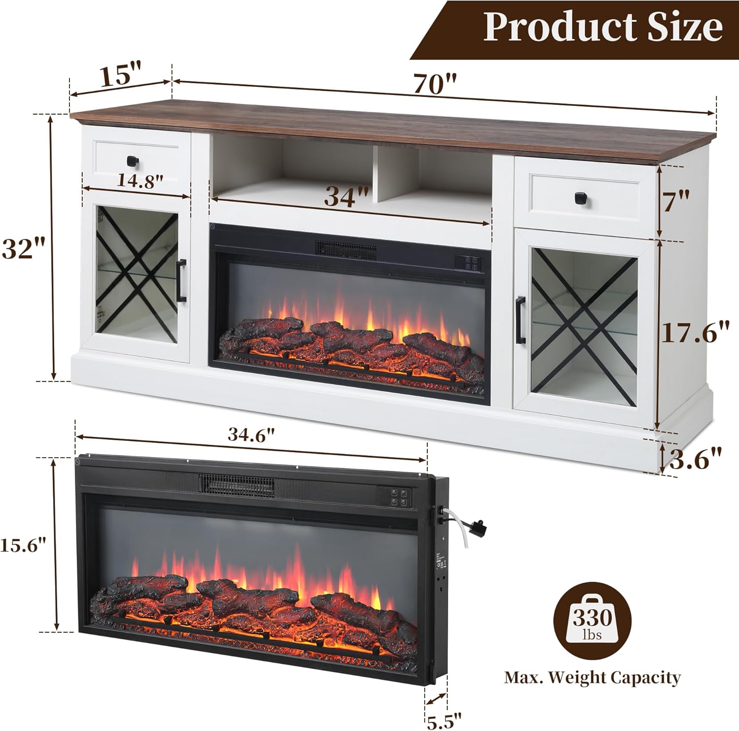 Fiakoa 70" Fireplace TV Stand for 80" TVs with 34" Fireplace photo 6