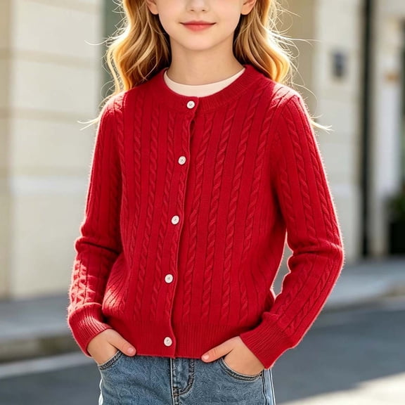 ATORRE Girls Knit Cardigan Sweaters Crew Neck Long Sleeve Button Down Preppy Style Pullover Solid Color Soft Comfort Stretchy Sweater for School Daily Party Red 3-4 Years