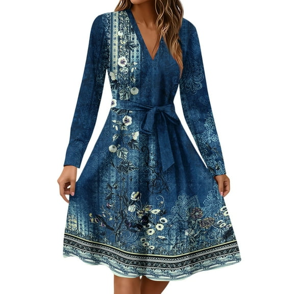 Xyxonk Work Dresses for Women 2025 Long Sleeve Trendy Teacher Dress Winter V Neck Dresses Tie Waist Business A-Line Floral Print Dress Dark Blue 2XL