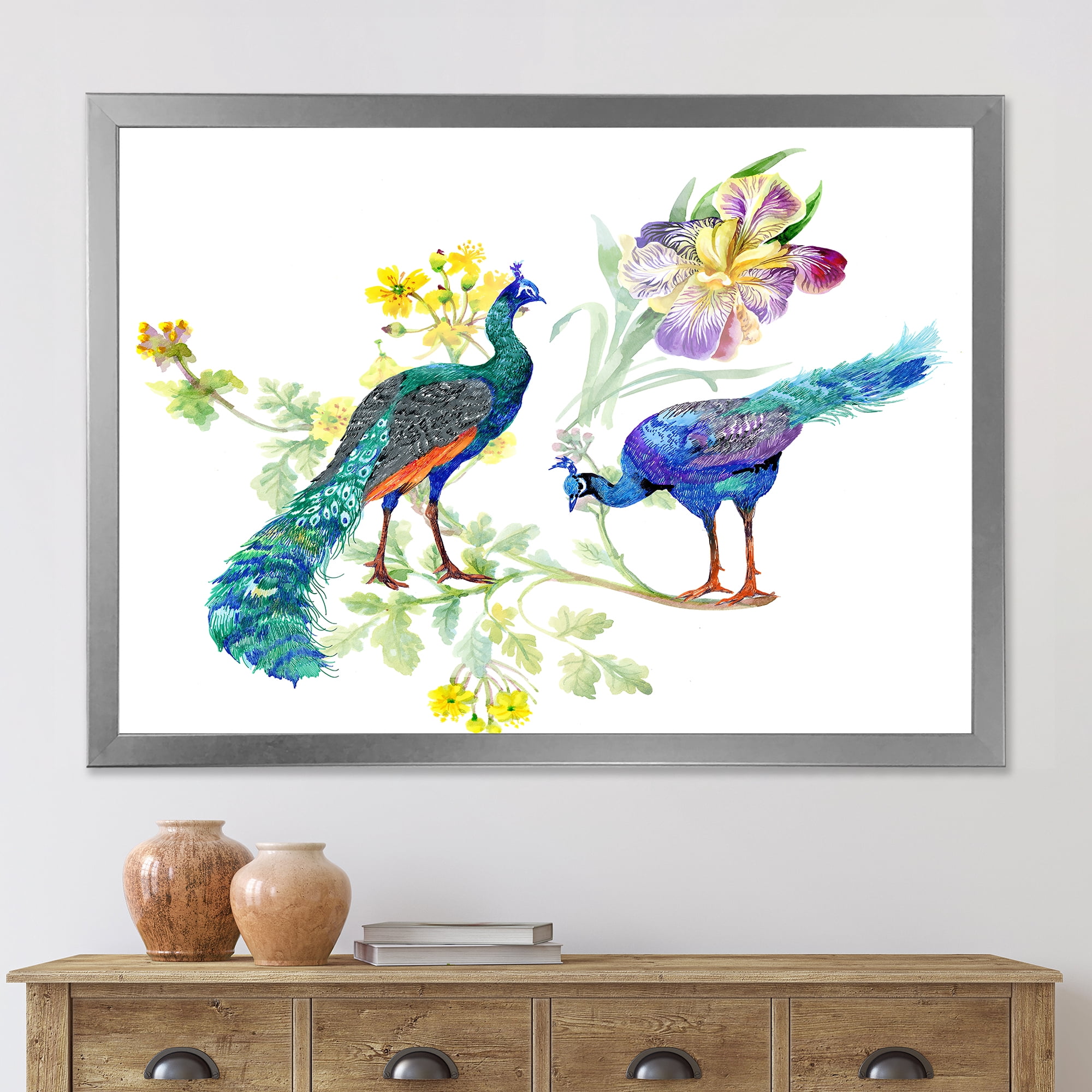 Designart 'Iris Flowers and Peacocks' Traditional Framed Art Print
