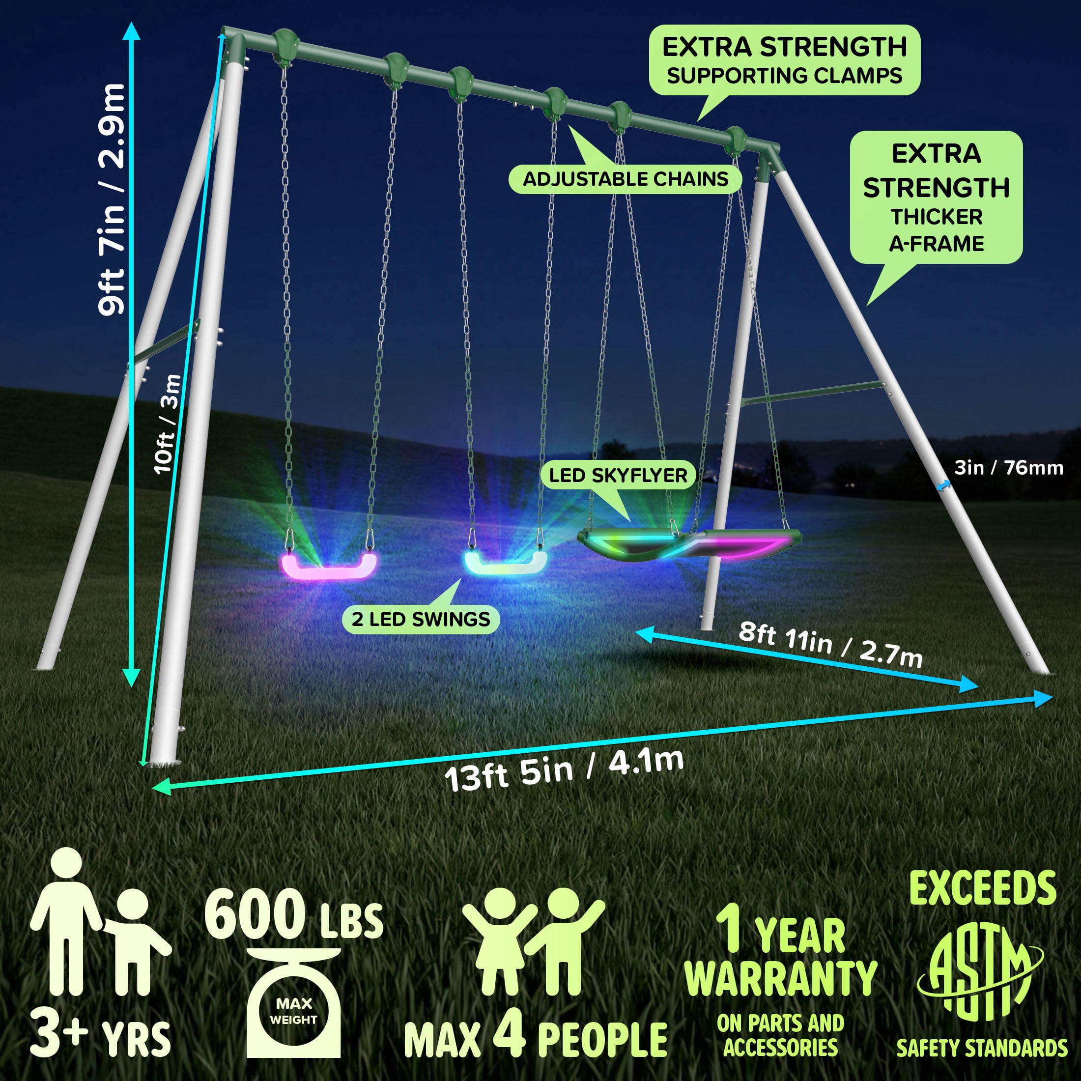 Sportspower Mt. Fuji LED 9.5ft Metal Swing Set for Kids and Adults, Heavy Duty Backyard Playset with Light-Up Swings & 2-Person Skyflyer, Green/White