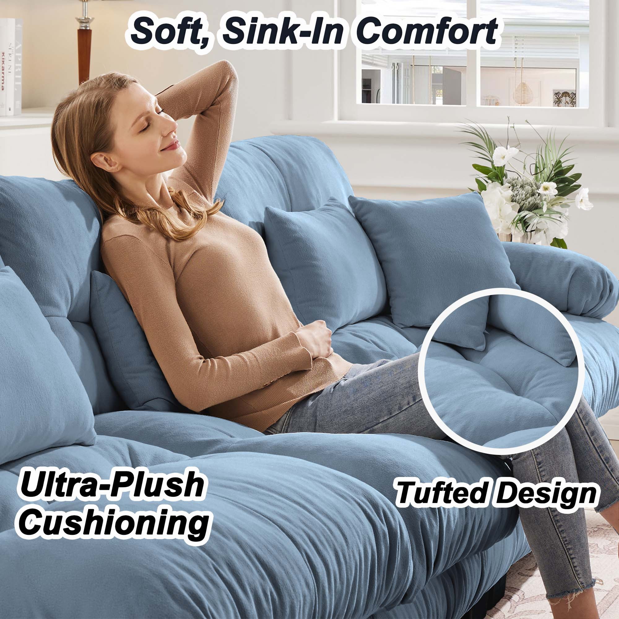 94.4" Cloud Chenille Loveseat Sofa, Oversized Deep Seat 2 Seater Couch for Living Room with Pillows, Blue