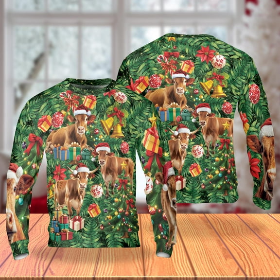 Cow Christmas Sweatshirt, Funny Farm Animal Holiday Crewneck, Santa Hat Cow and Gift Tree Pullover, Rustic Country Christmas Sweater for Men Women