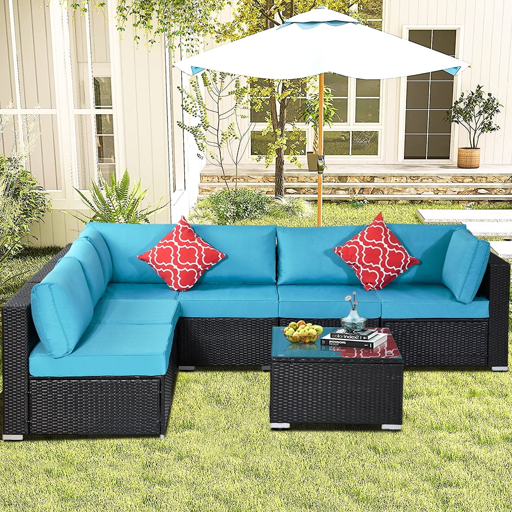 Peach Tree 5 PCs Outdoor Patio PE Rattan Wicker Sofa Sectional Furniture Set with 2 Pillows and Tea Table 