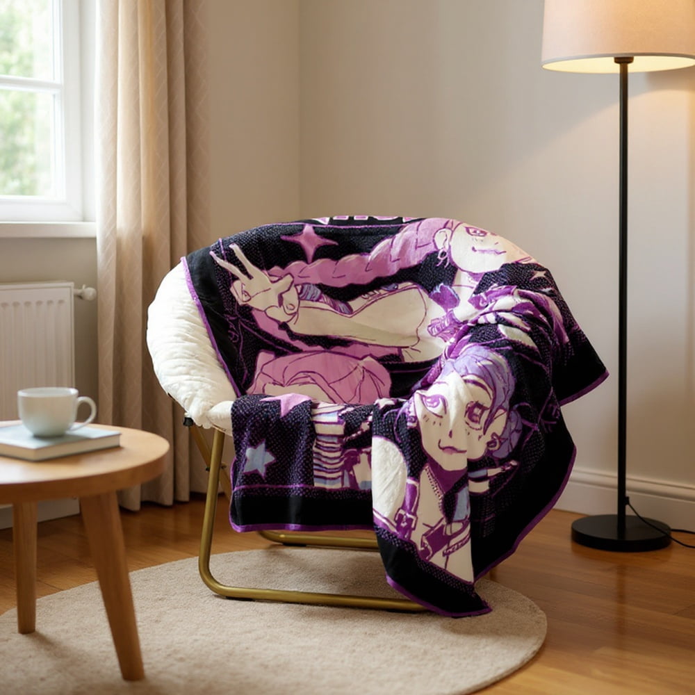 KPOP Demon Hunters Huntrix Pop Stars Kids Throw Blanket, Black & Purple, Twin/Full Size 46"x 60"
