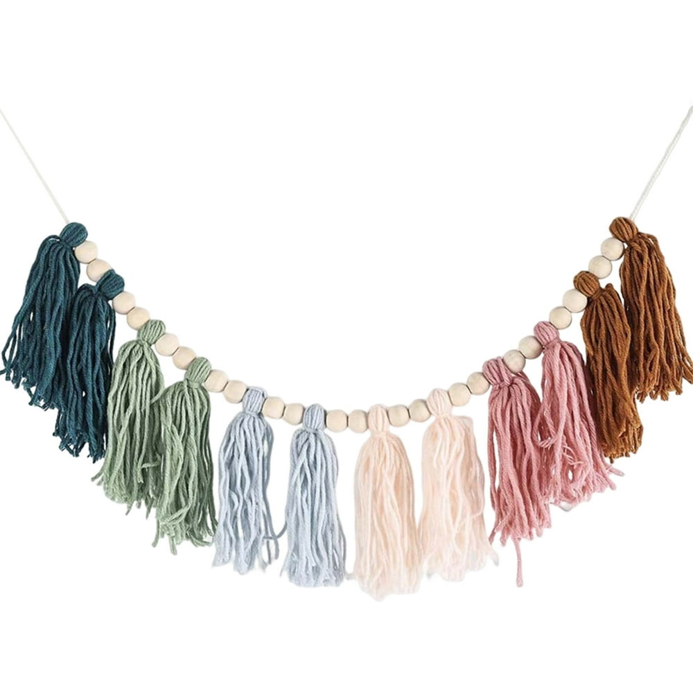 Wood Bead Garland with Rainbow Cotton Rope Tassel Handmade Boho
