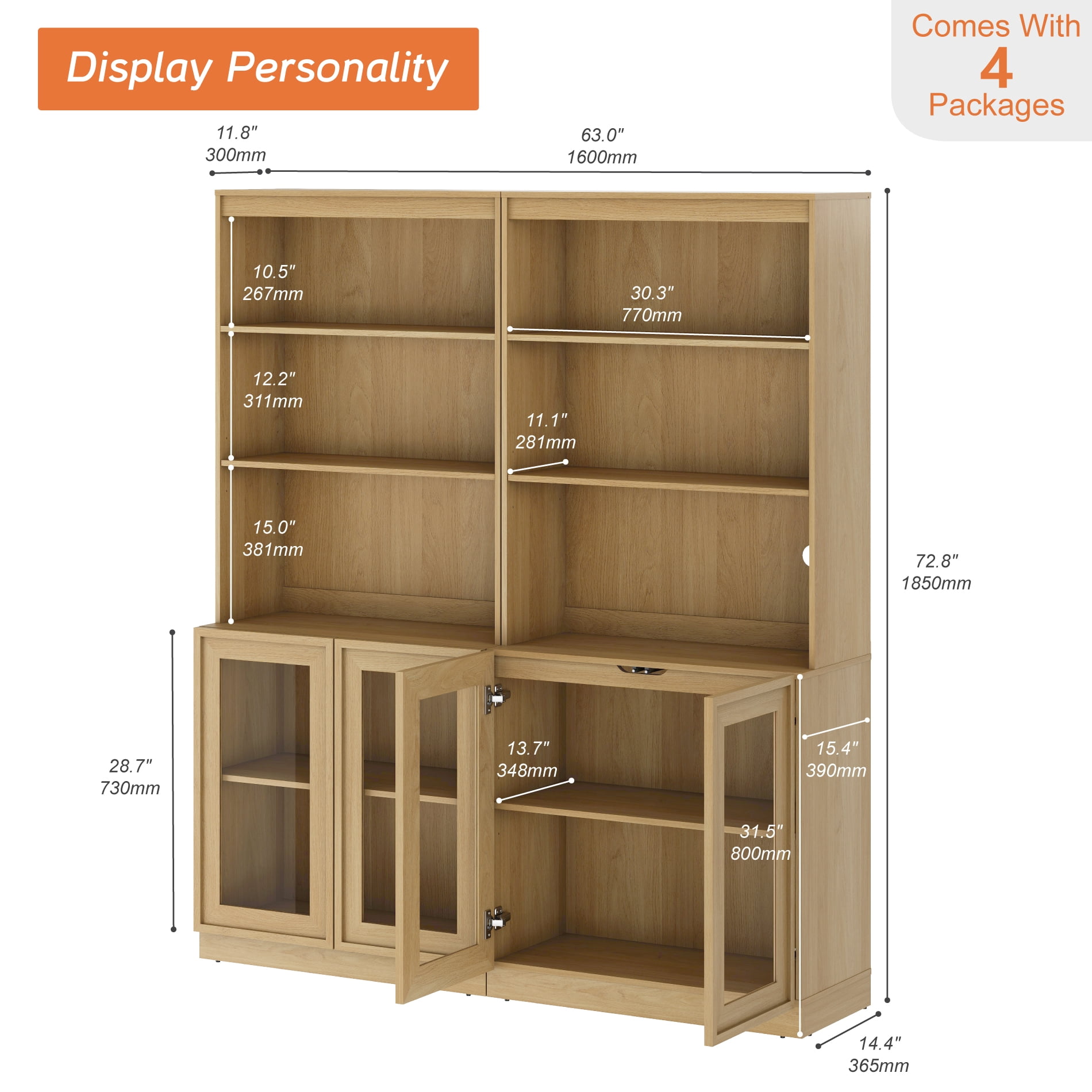 Modern 72" Tall Bookshelf with Glass Doors and Adjustable Shelves, Library Bookcase with Storage Cabinet and Open Shelves,Oak
