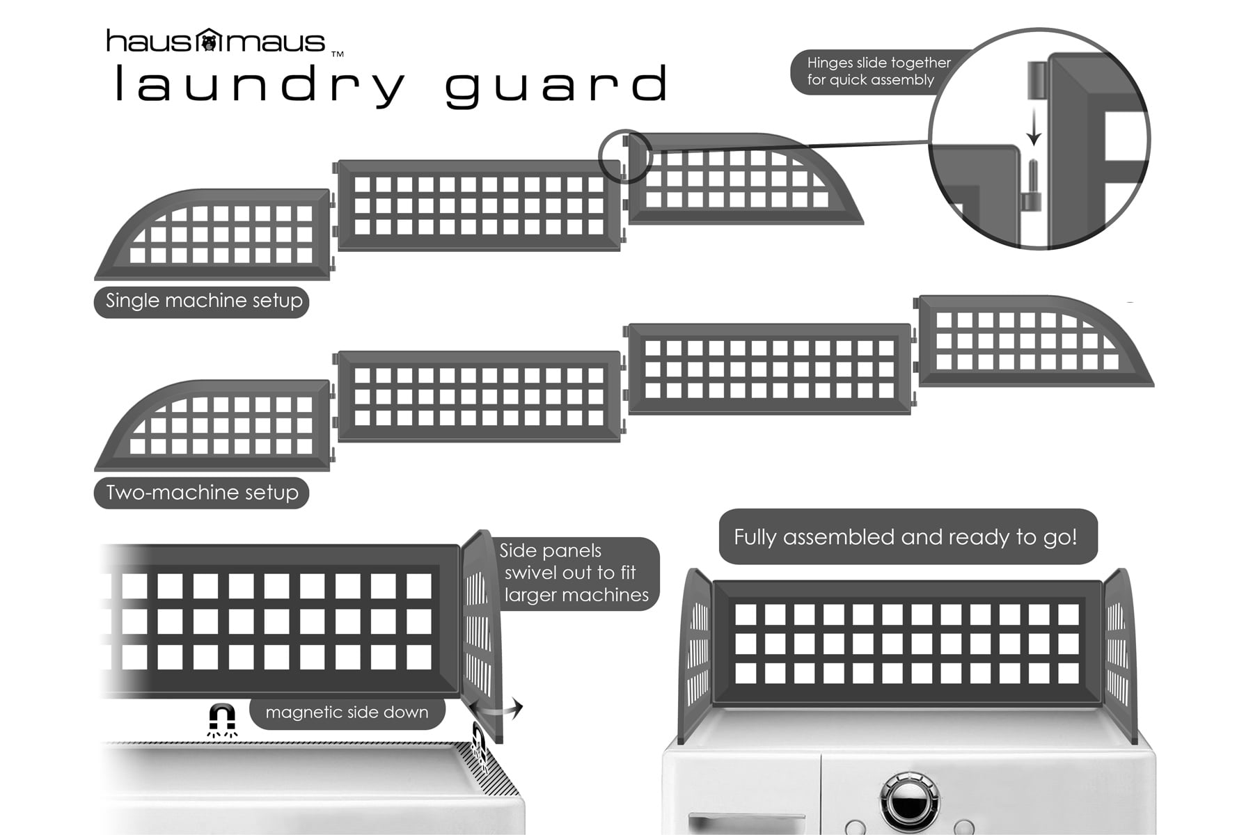 Haus Maus The Original Laundry Guard - Stop Laundry Falling Behind Washer/Dryer - Invented by a US Mom - Made in North America - Magnetic - Fits Most Front Loading Machines - Top of Fridge - Grey