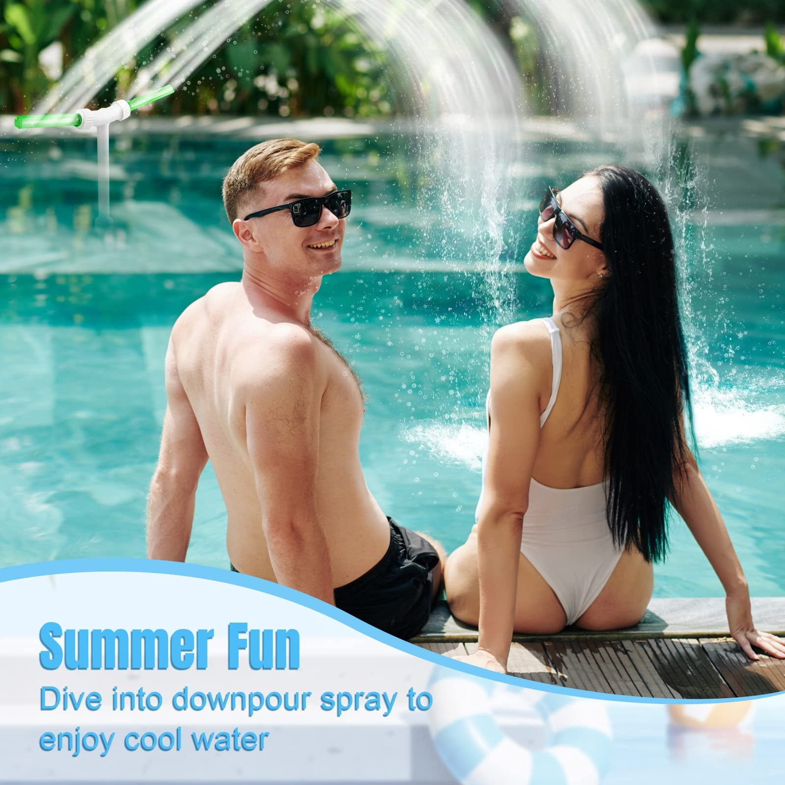 Glow in The Dark Double Head Pool Fountain with Adapter, Adjustable Waterfall Sprinkler for Above Ground Inground Pool, Water Cooler for Pool Spa Summer Fun