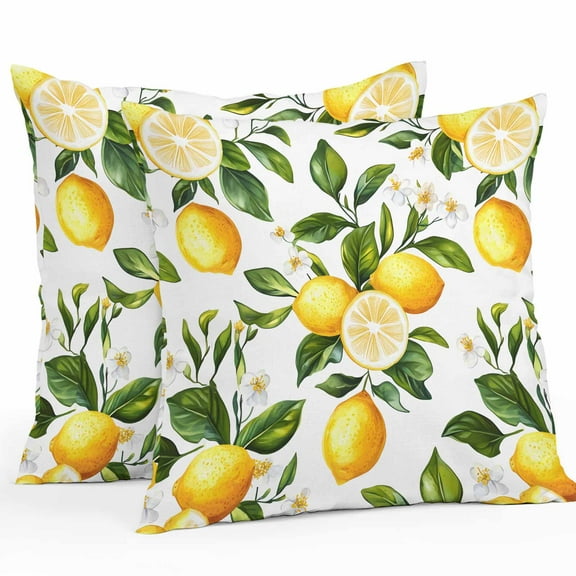 White Flowers Waterproof Outdoor Throw Pillow Covers 16''x16'' Pack 2, Pillow Cases Throw Cushion Cover with Zipper, Countryside Lemon Fruit Garden Washable Pillowcase for Poolside Sofa