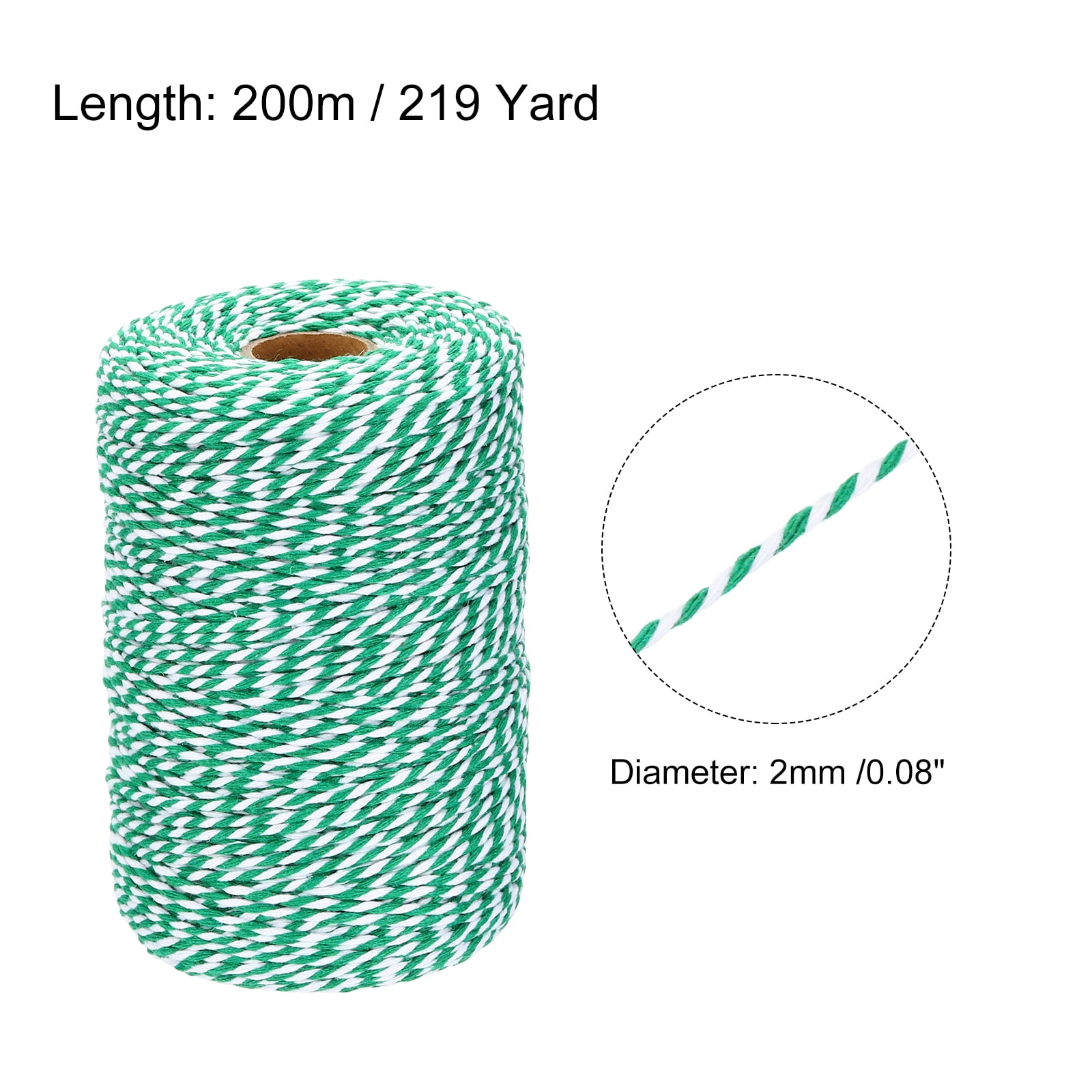 Uxcell 2pcs Cotton Rope Twisted Braided Rope Cord, Green White200m/219 Yard 2mm Dia for Wall Hanging, Plant Hanger