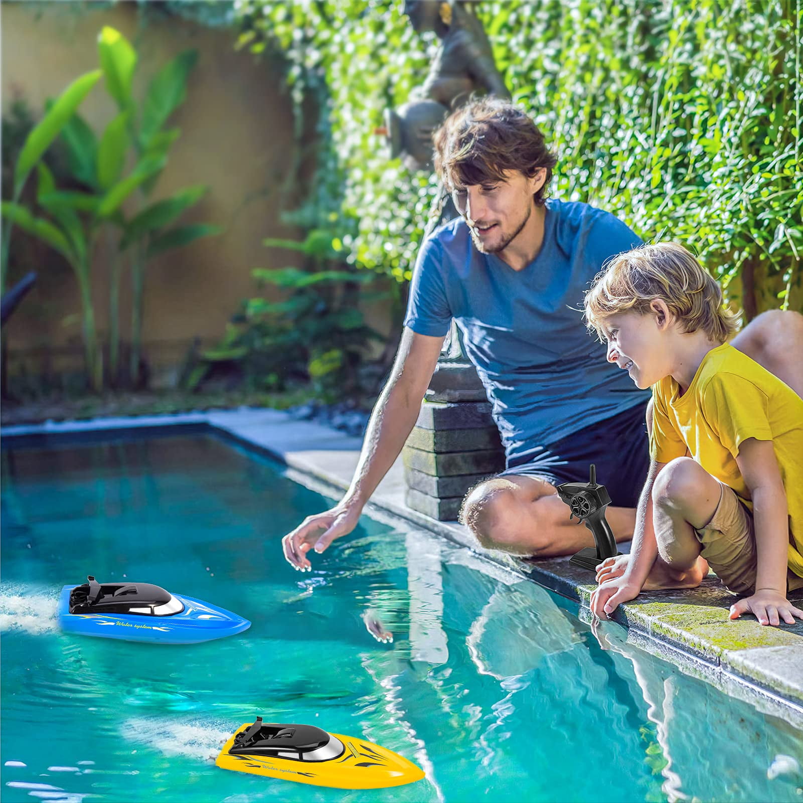 Remote Control Boats,10km/H 2.4G High Speed Remote Control Boat ,Fast RC Boats for Pools and Lakes,RC Boat for Kids and Adults (Blue+Yellow),2-Pack