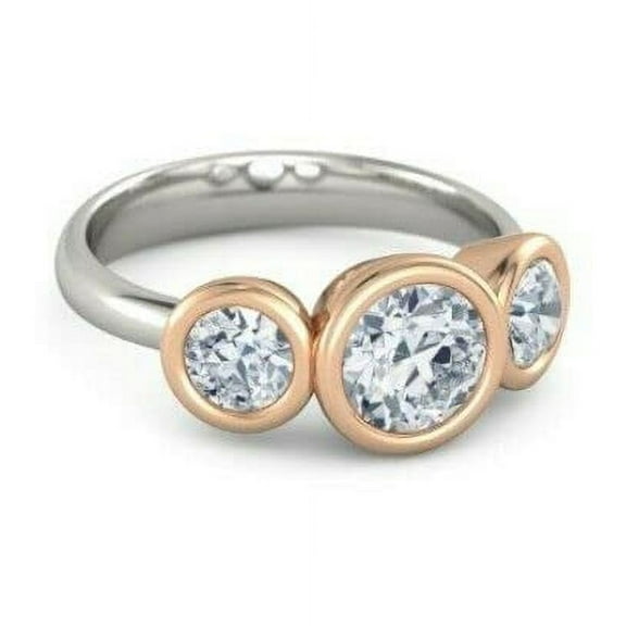 HeartsAndYou 2ct Round Cut Moissanite Bezel Set Trilogy Engagement Ring for Women 18k Dual Gold over Silver