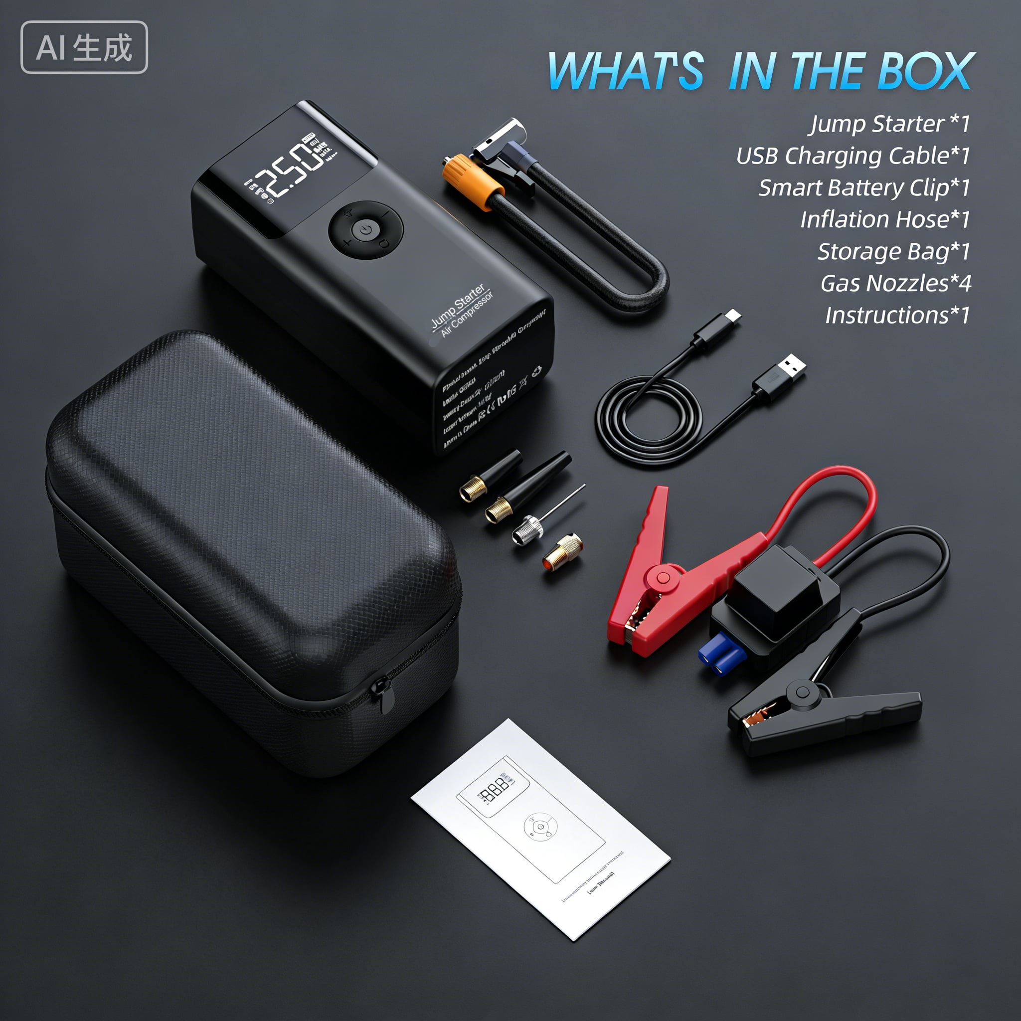 Jump Starter with Air Compressor, 2500A 150PSI Portable Car Battery Jump Starter Pack, 12V Jump Box wSith UB Fast Charge, for up to 9.0 Gas/8.0L Diesel Engine, 3 Modes Lights/Large LCD Display