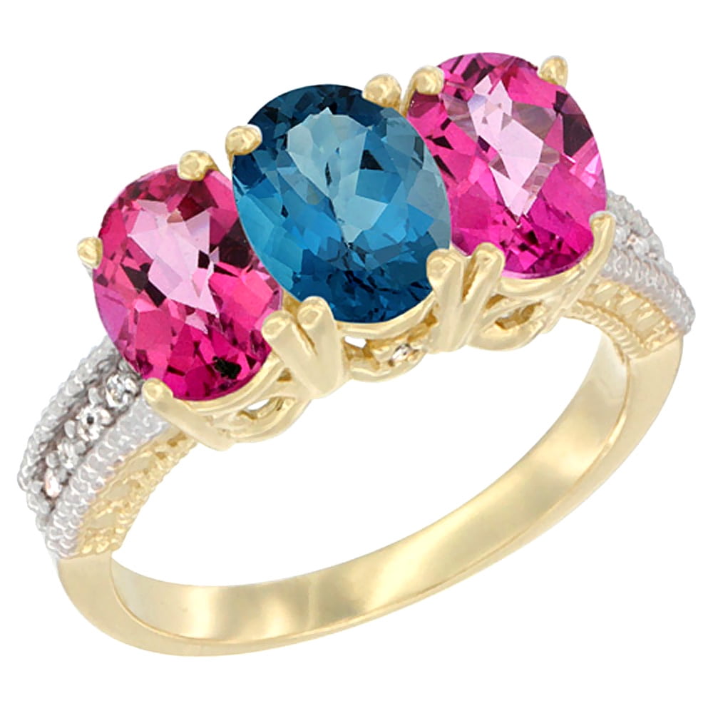 10K Yellow Gold Diamond Natural London Blue Topaz & Pink Topaz Ring 3-Stone Oval 7x5 mm, sizes 5 10 by WorldJewels