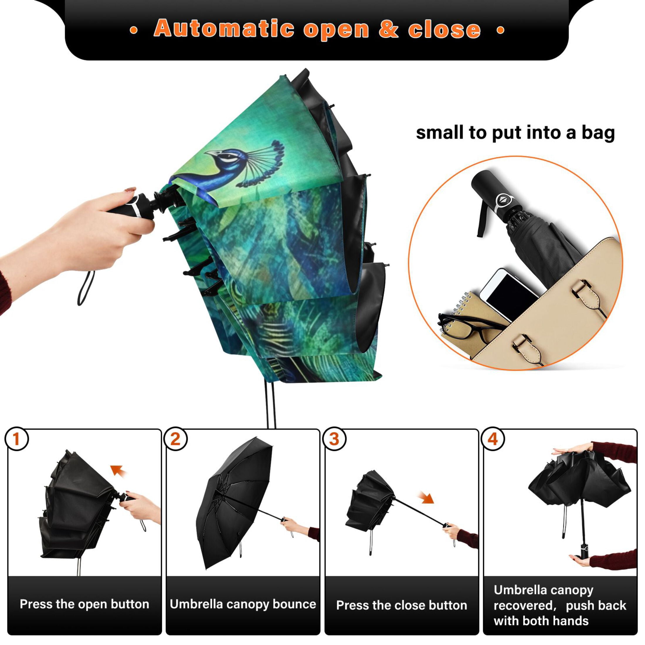Elegant Peacock in Green Extra Large Automatic Umbrella, UV Protection, Waterproof, Auto Open and Close