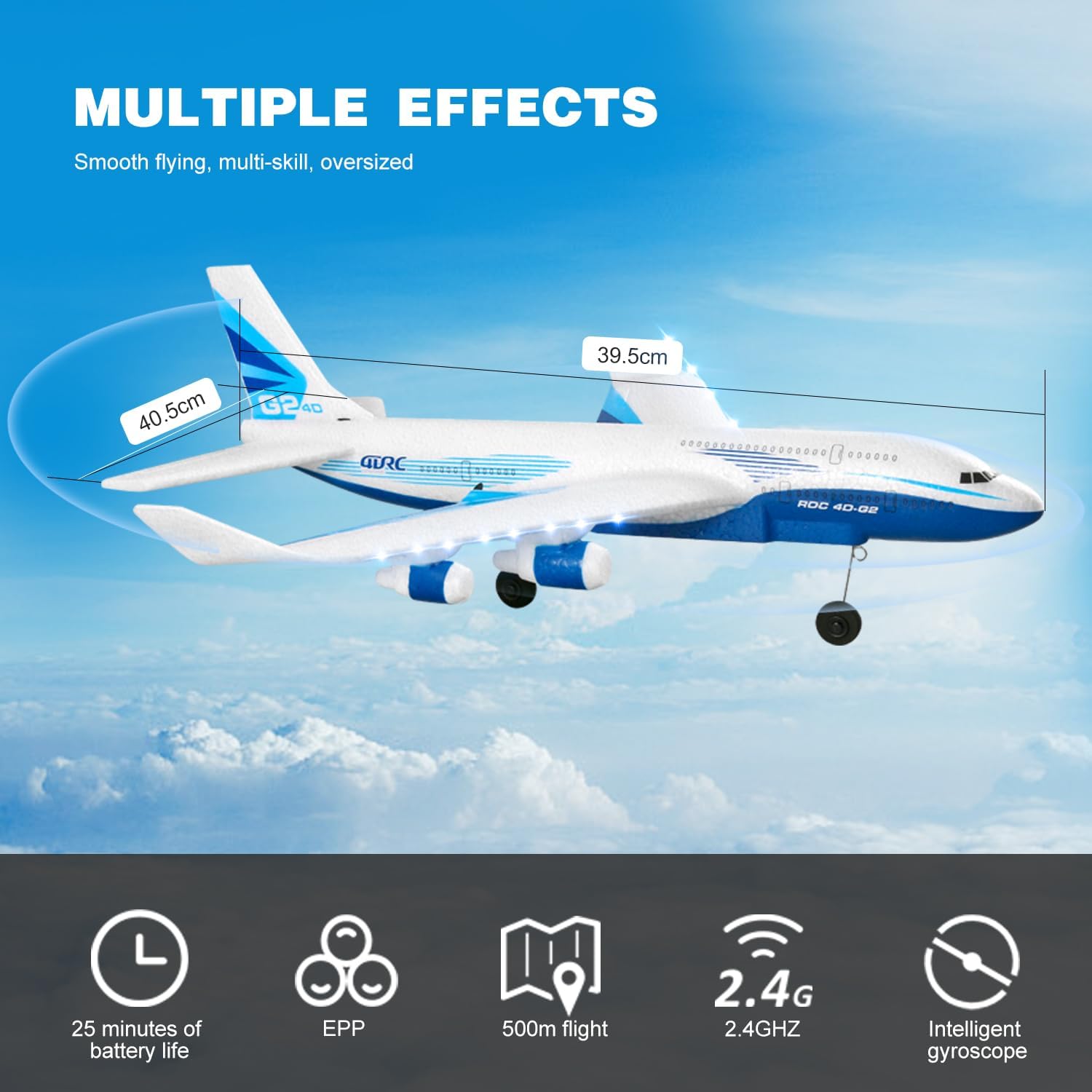 4DRC Remote Control Airplane for Kids Boys Adults, G2 Remote Control Plane Jet for Beginners Adult, Ready to Fly Airplane with One Key Aerobatic LED Light, RC Plane for Kids, 2 Battery