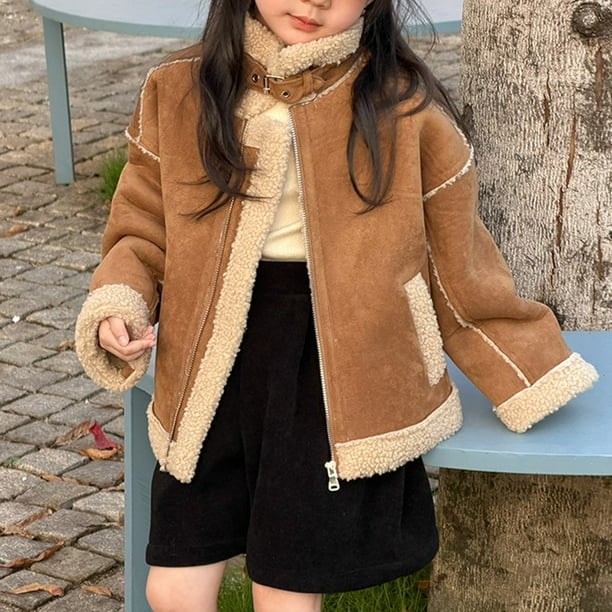 Lovzfmll Kids' Thick Faux Leather & Shearling Jacket, Warm Suede