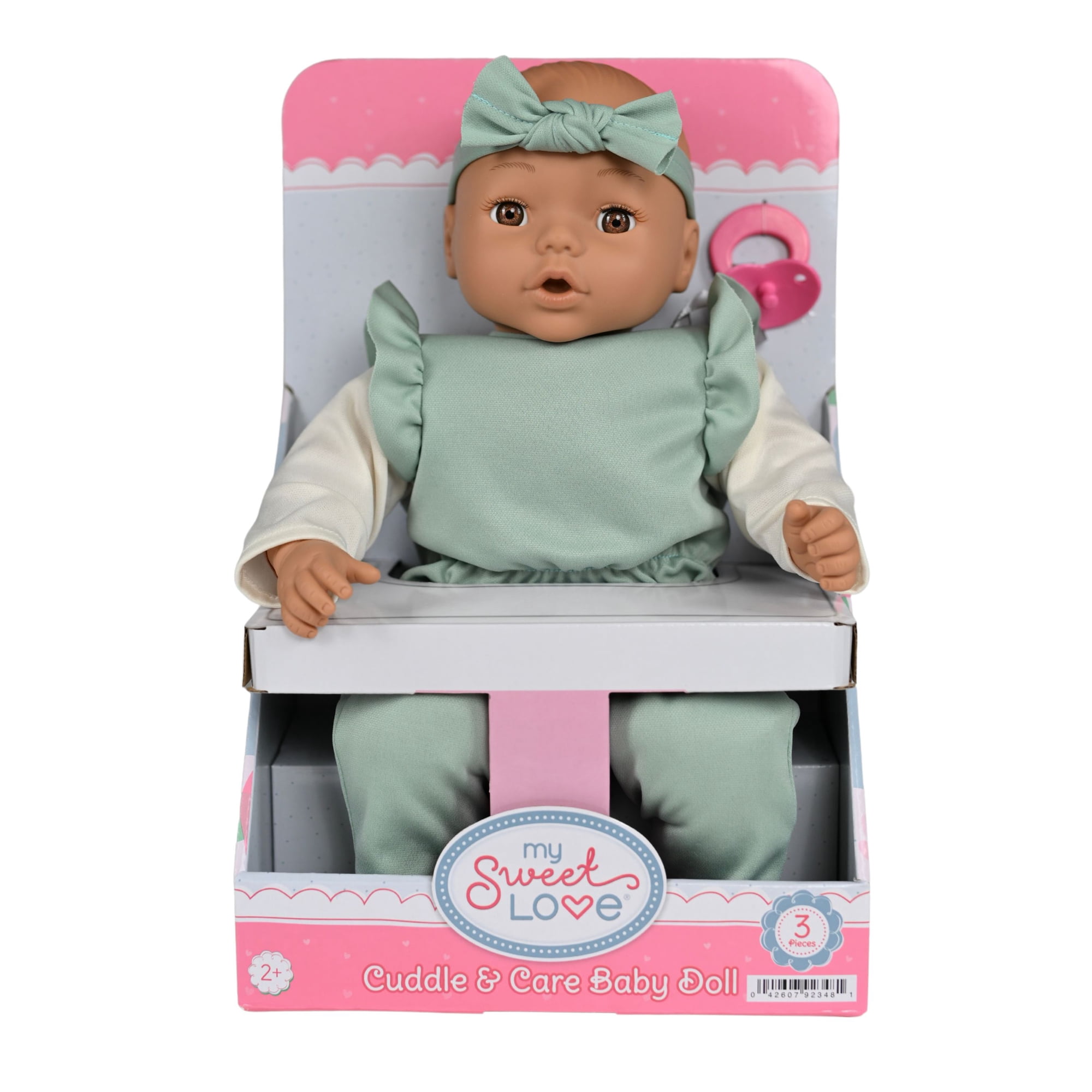 My Sweet Love 18-Inch Soft Baby Doll with Pacifier, Removable Mint Green Jumpsuit, Headband & Brown Eyes