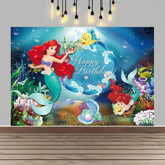 Mermaid Happy Birthday Anime Cartoon Theme Backdrops Banner Birthday Party Decor Supplies(5x3ft)