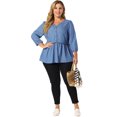 thumbnail image 3 of Women's Plus Size Peplum Top Pullover Puff Sleeve High Waist Chambray Blouse Blue 4X, 3 of 7