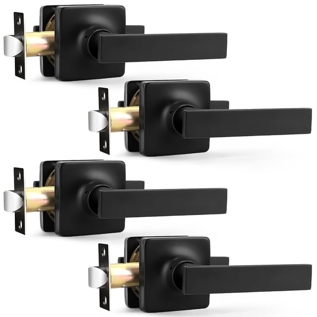 GOBEKOR Lot de 4 Leviers de Porte Noir Mat Poignées de Porte de Passage Intérieures Poignées de Porte Carrées pour Hall Poignées de Porte de Garde-Robe Intérieures Sans Clé Ensembles de Leviers Non Verrouillables Réversibles pour Côté Droit/gauche