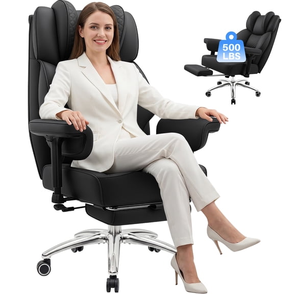 COOLHUT Big and Tall Office Chair 500lbs, Heavy Duty Office Desk Chair with Deluxe Embossing Designed PU Leather with Footrest, High Back Executive Chair with Wide Comfy Seated Cushion, Black