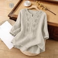 thumbnail image 4 of Womens 2 Piece Outfits 3/4 Sleeve Cotton Linen Embroidered Shirts Wide Leg Capri Pants with Pockets Matching Sets, 4 of 6