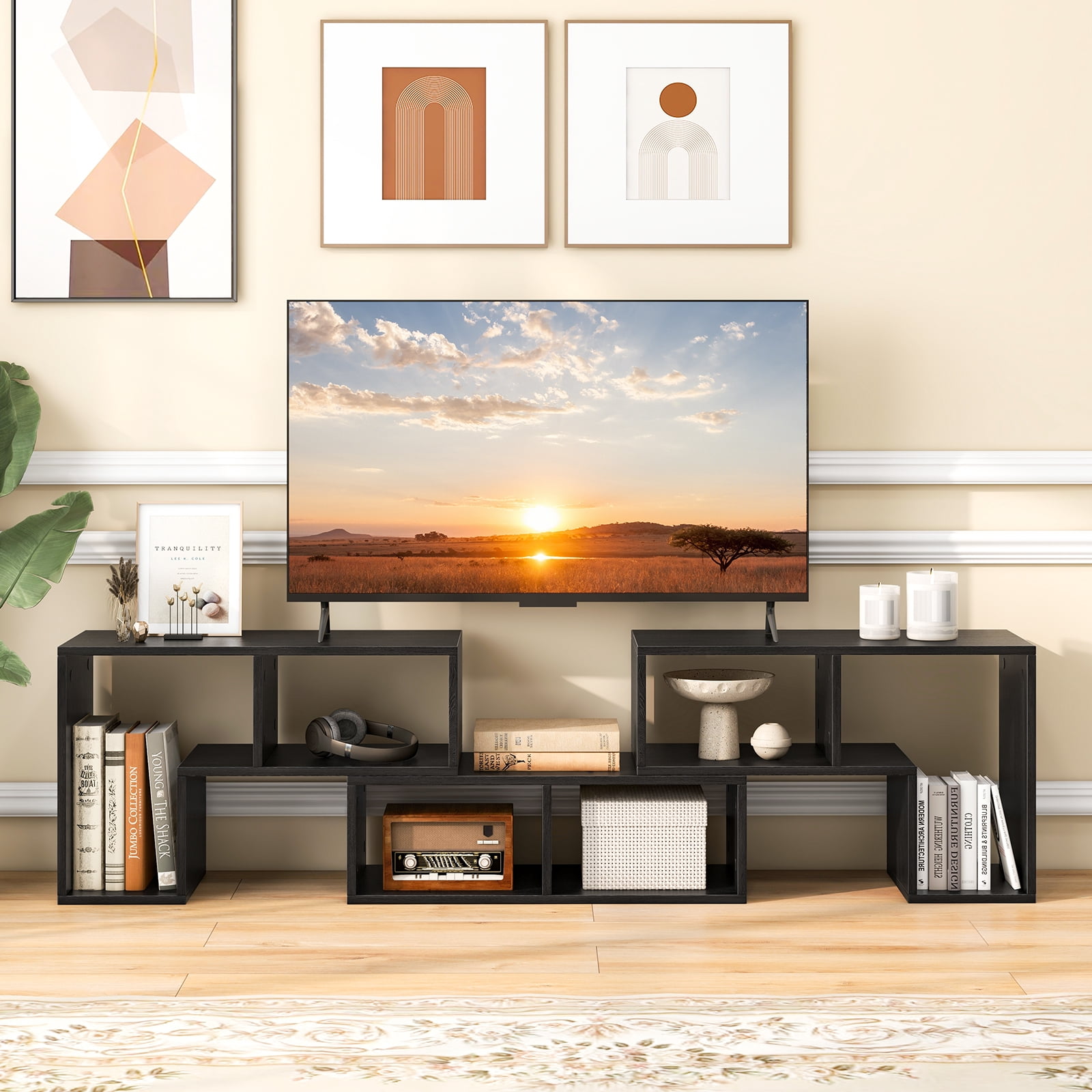 Costway 3 PCS TV Stand for TV's up To 65" Console Entertainment Center Bookcase Shelves Black Wood