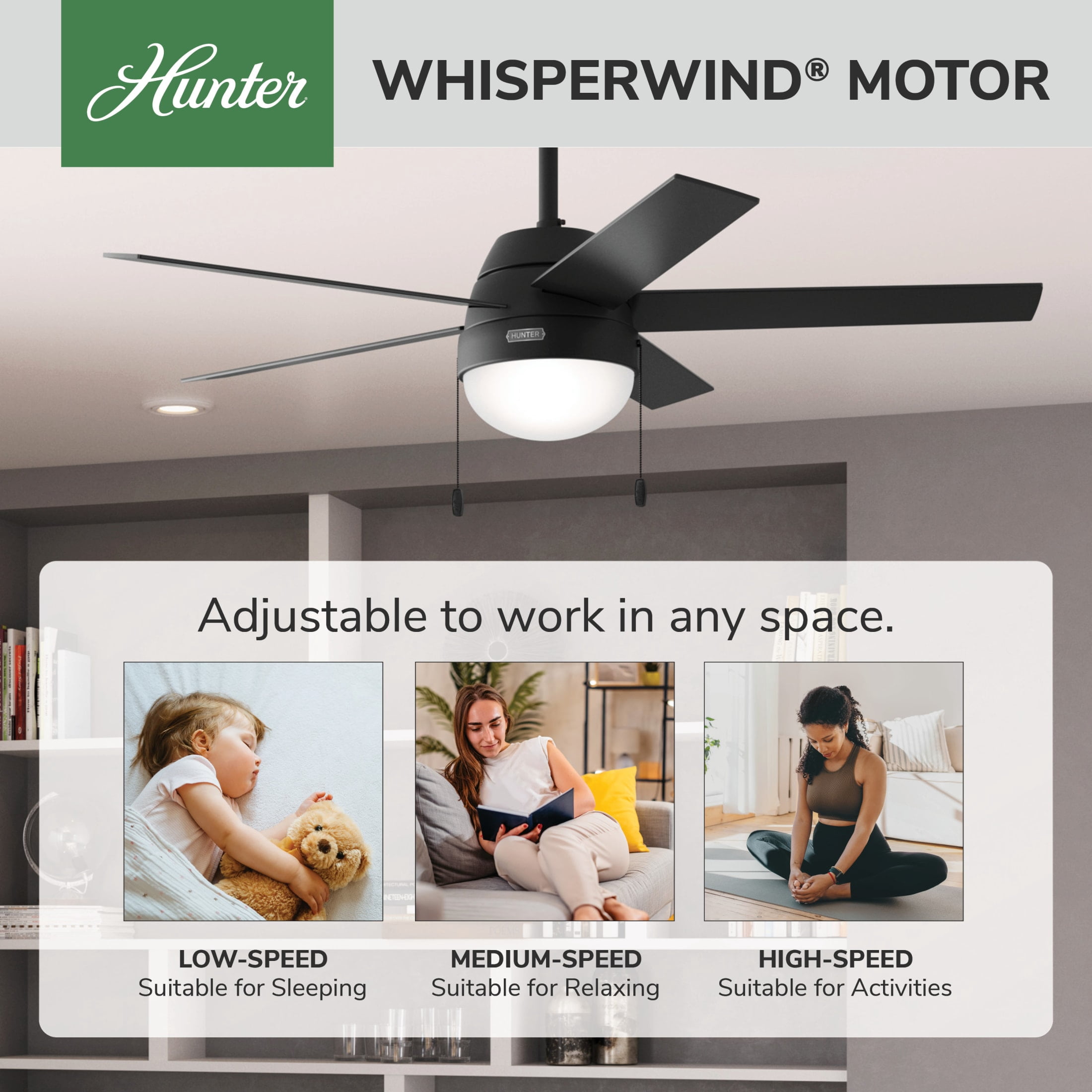 Hunter 52 inch Indoor Ceiling Fan with LED Light - Black Ceiling Fan with Pull Chain, For Bedroom, Living Room, or Kitchen, Standard Mount, No Remote, 5 Blades - Anslee 52385, Matte Black