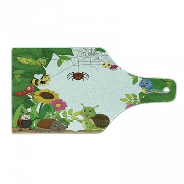 Cartoon Cutting Board, Happy Little Butterflies Bugs Insects Comic Caterpillars Dragonflies Spider Web, Tempered Glass Cutting and Serving Board, Wine Bottle Shape, Multicolor, by Ambesonne