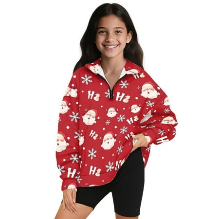 Uorisanigo Girls Sweatshirts Fashion HO HO HO Santa Claus Quarter-Zip Pullover Jacket Casual Long Sleeve Lapel Zipper Sweatshirt Fall Trendy Clothes Cropped Pullover Hoodies