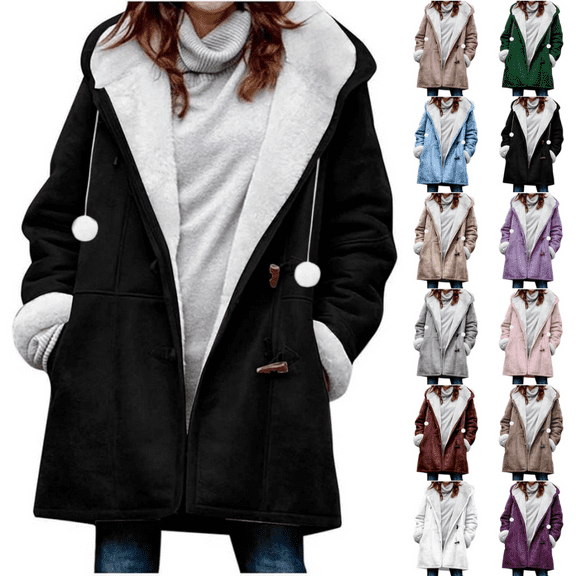 Horkkom Fleece Jacket Women Plus Size Solid Color Button Hooded Coats Winter Warm Thick Jackets with Pockets, Gifts for Women