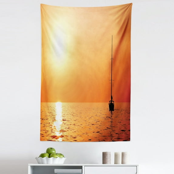 Ocean Tapestry, Lonely Yacht at Sunset Sailing Competition Race Teamwork Marine Vessel Winner, Fabric Wall Hanging Decor for Bedroom Living Room Dorm, 5 Sizes, Orange Yellow, by Ambesonne