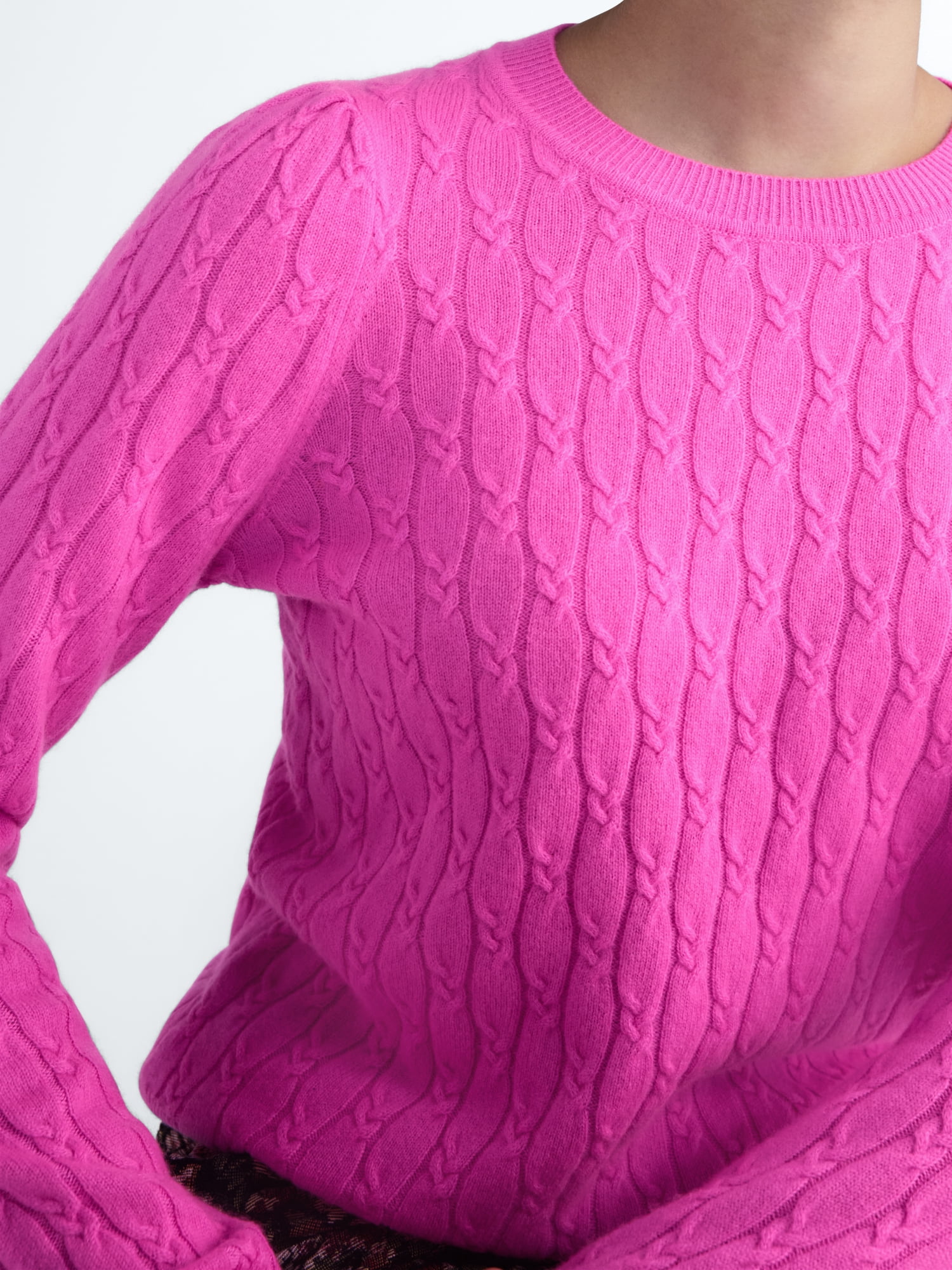 Free Assembly Women's and Women's Plus Cashmere Cable Knit Sweater with Puff Sleeves, Midweight, Sizes XS-4X