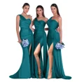 thumbnail image 1 of Vestido de dama de honor personalizado de un hombro para mujer, vestido de fiesta de sirena de satén plisado, vestidos de noche de fiesta de boda con abertura lateral larga, 1 of 5