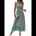 thumbnail image 2 of Vestido de Verano para Mujer, Elegante, con Escote en V, Volantes, Mangas Sueltas, Cintura Plisada, para Invitada de Boda. Verde XXL, 2 of 7