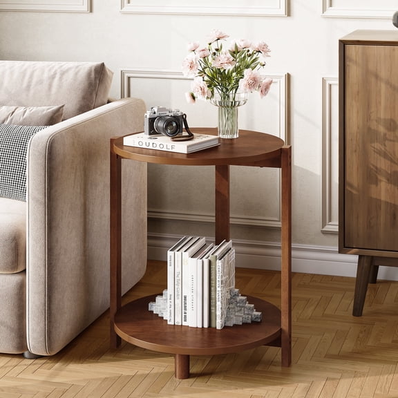 Finmind Solid Wood Round Side Table, 2-Tier Small Sofa End Table with Storage Shelf for Living Room, Bedroom, Small Space, Brown