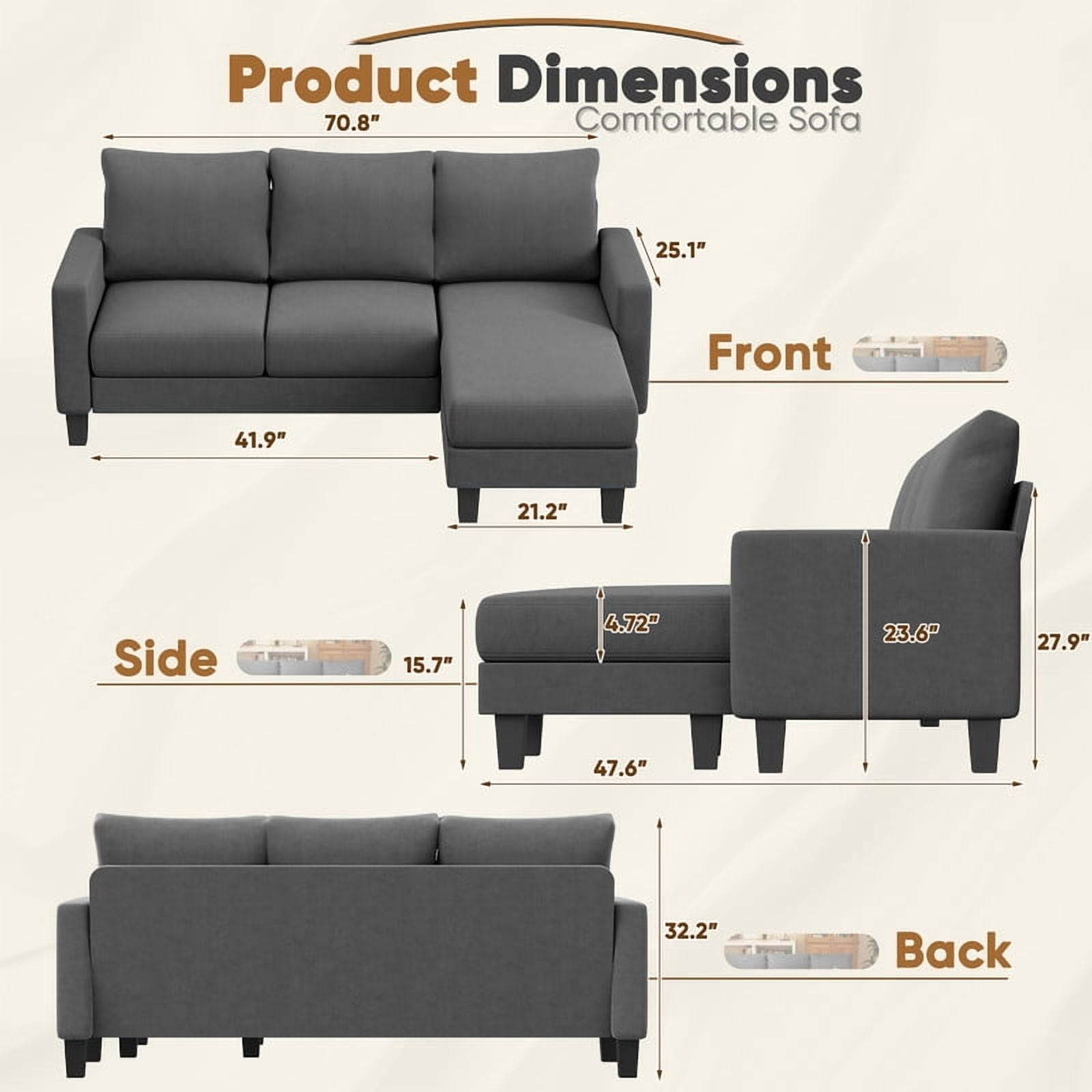 Homall Convertible Sectional Sofa Couch, Modern Linen Fabric L-Shaped Couch 3-Seat Sofa Sectional with Reversible Chaise for Small Living Room, Apartment and Small Space, New Dark Gray