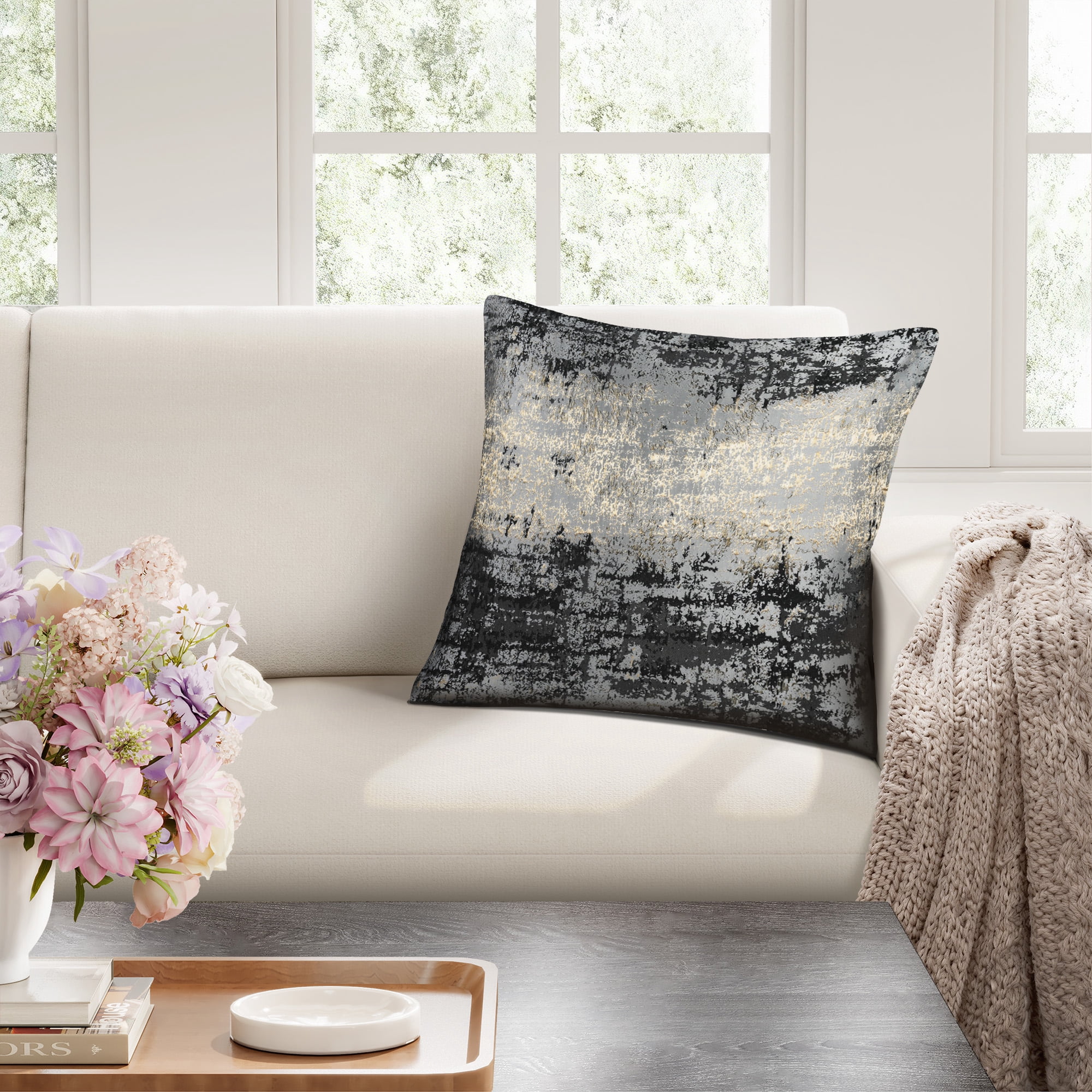 THE-TINOART Abstract Boho Raised Jacquard Throw Pillow Cover 20x20 Inch Set of 1 Black with Gold Metallic Velvet Decorative Couch Cover for Sofa Cushion Bedroom Living Room