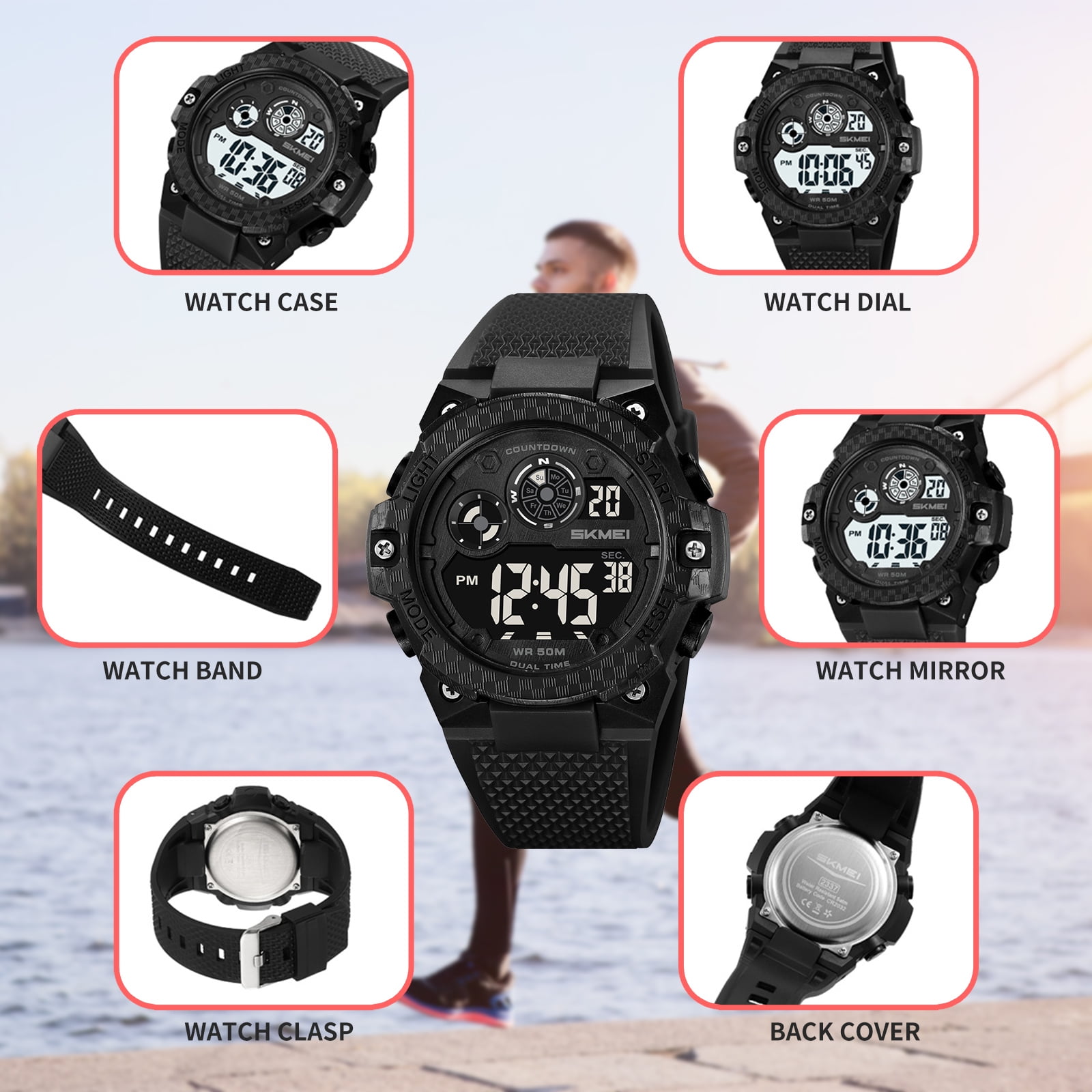 SKMEI Mens Military Multifunction Digital LED Watch 50m Waterproof Alarm Outdoors Sports Watch