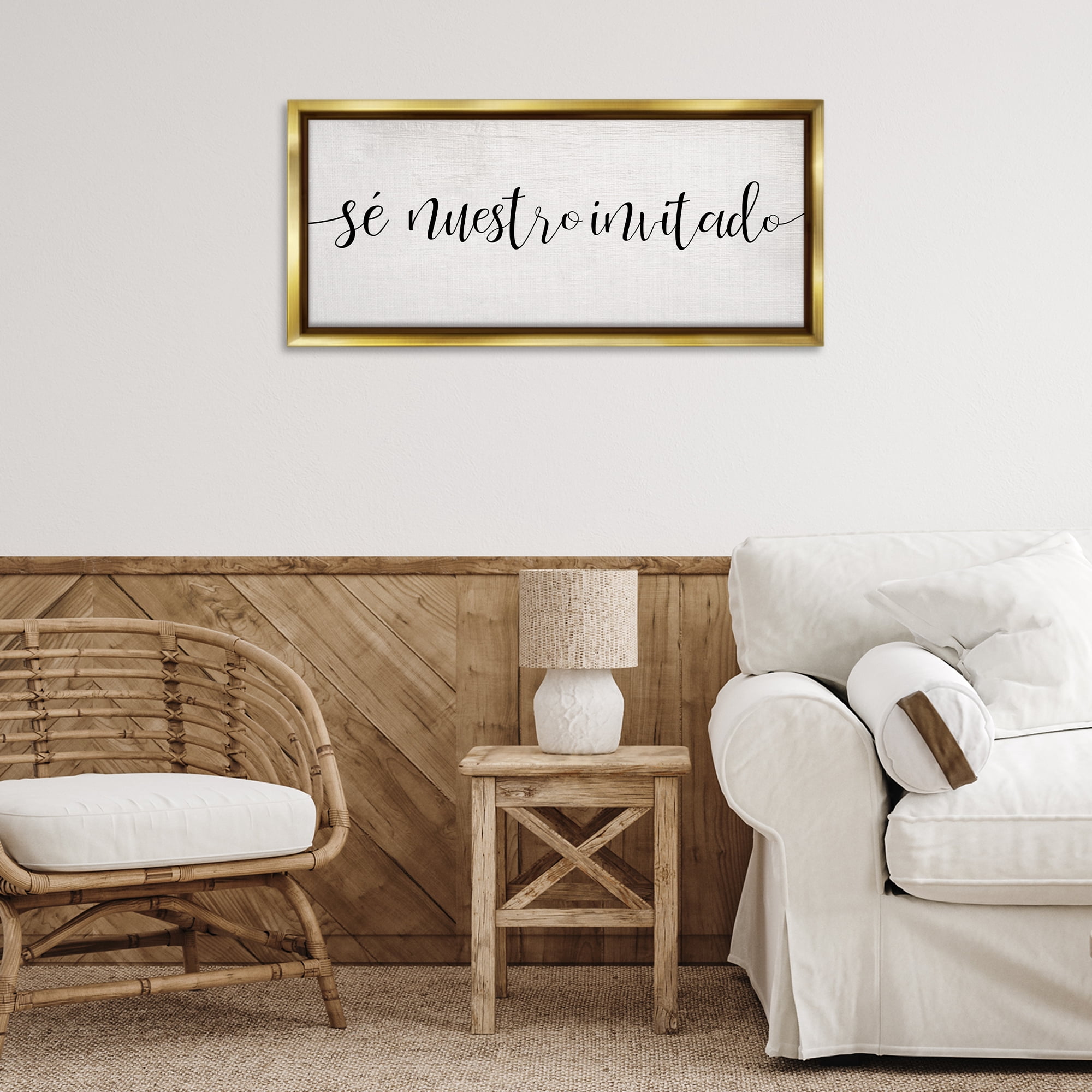 Stupell Industries Sé Nuestro Invitado Inspirational Quotes & Sayings Painting Gold Floater Framed Art Print Wall Art, 31 x 14