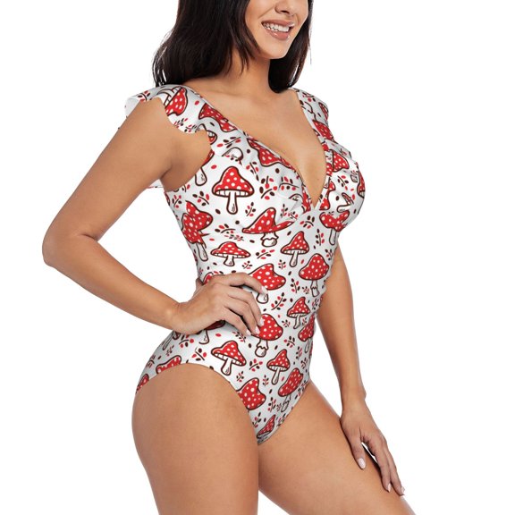 Fotbe Amanita Red Mushroom Women's Tummy Control Swimsuits Slimming One Piece Bathing Suit Ruffle Wrap V Neck Swimwear-