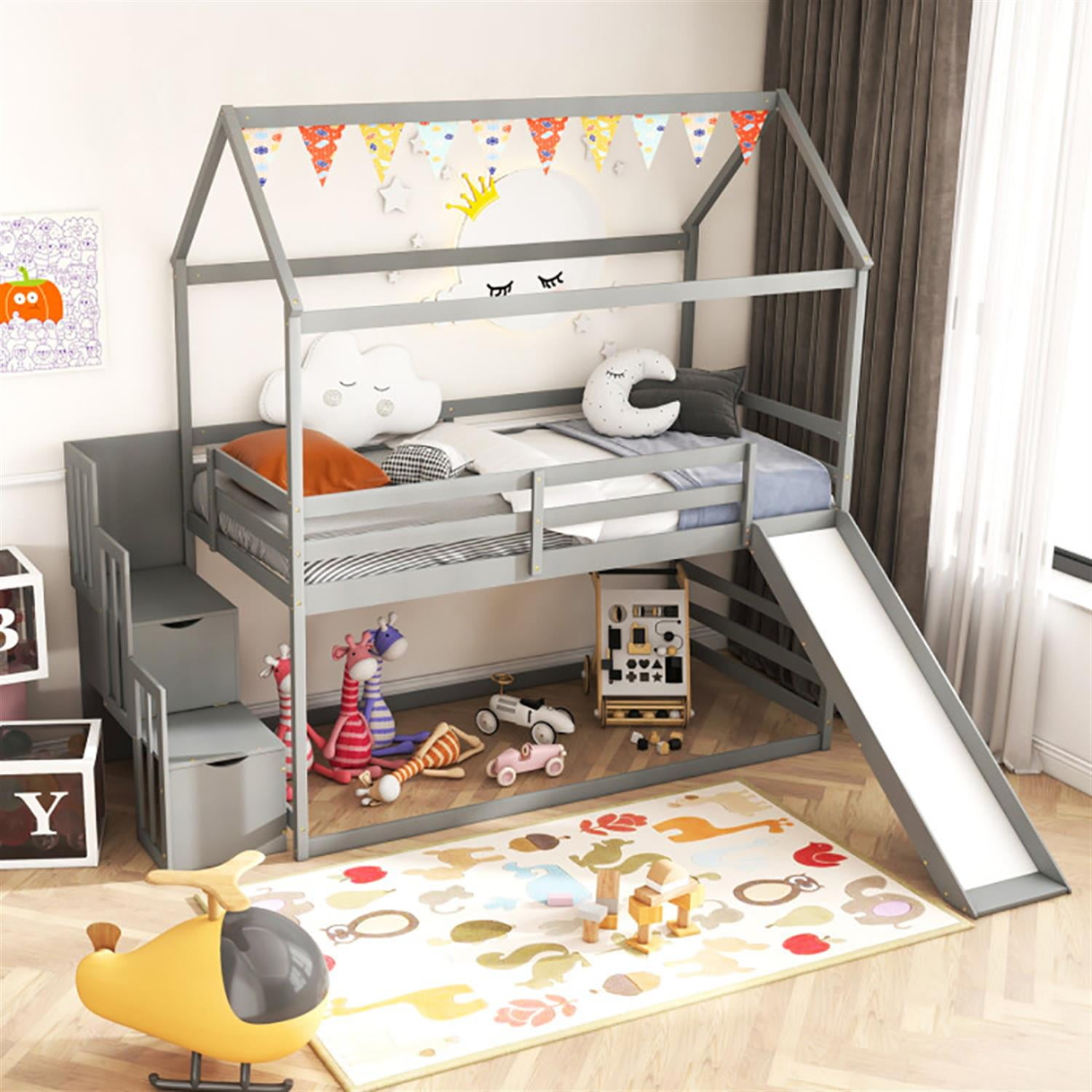 Demi Bonn Twin Over Twin Bunk Bed with Slide and 2-Step Storage Staircase, Solid Wood Loft Bed with Ladder and Full-length Guardrails, Gray