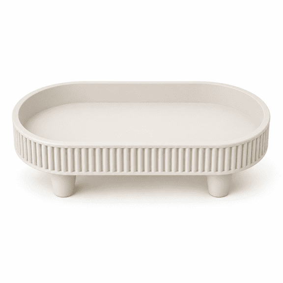 DBOZE Oval Decorative Tray with Raised Feet, Ribbed Vanity Organizer for Jewelry and Perfume,White Sand